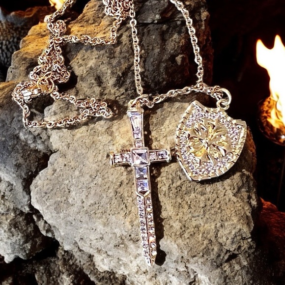 Sparkling Gold Toned Cross Sword Necklace with Shield DND Paladin - Picture 14 of 17